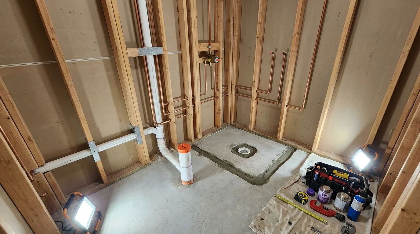 Bathroom rough-in plumbing during remodel by Johns Plumbing LLC in Somers Point