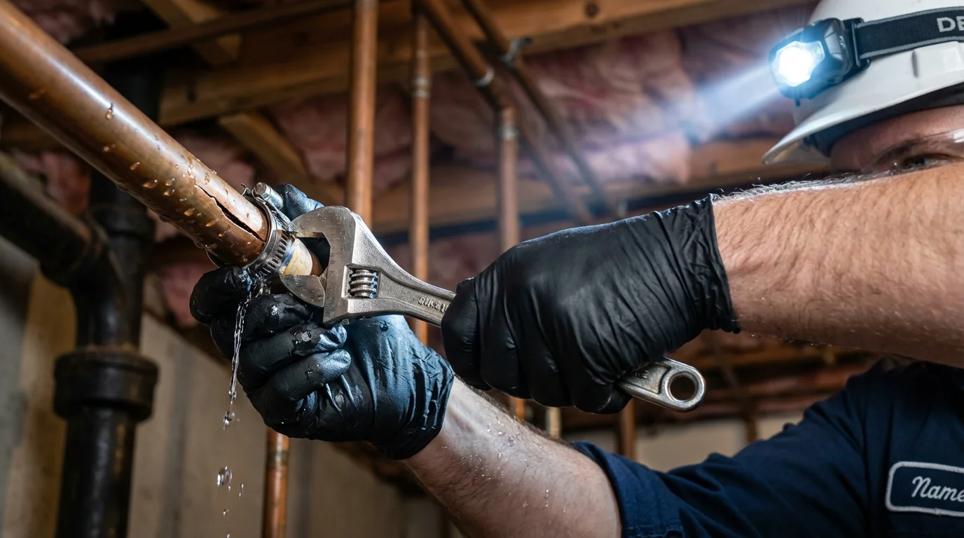 Emergency pipe clamp repair being performed by a Johns Plumbing LLC plumber in Somers Point