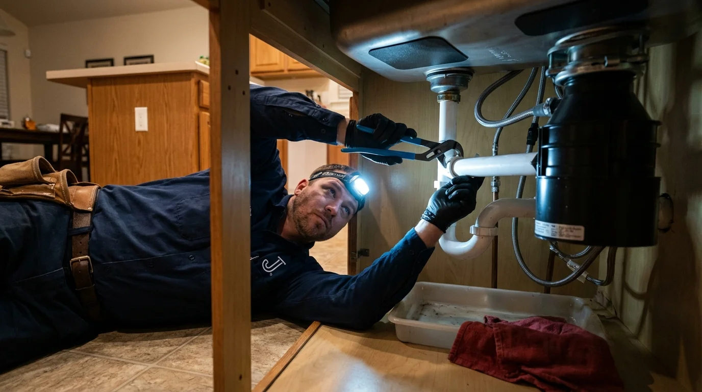 P-trap and supply line connections under a kitchen sink showing a common leak point in Somers Point, NJ